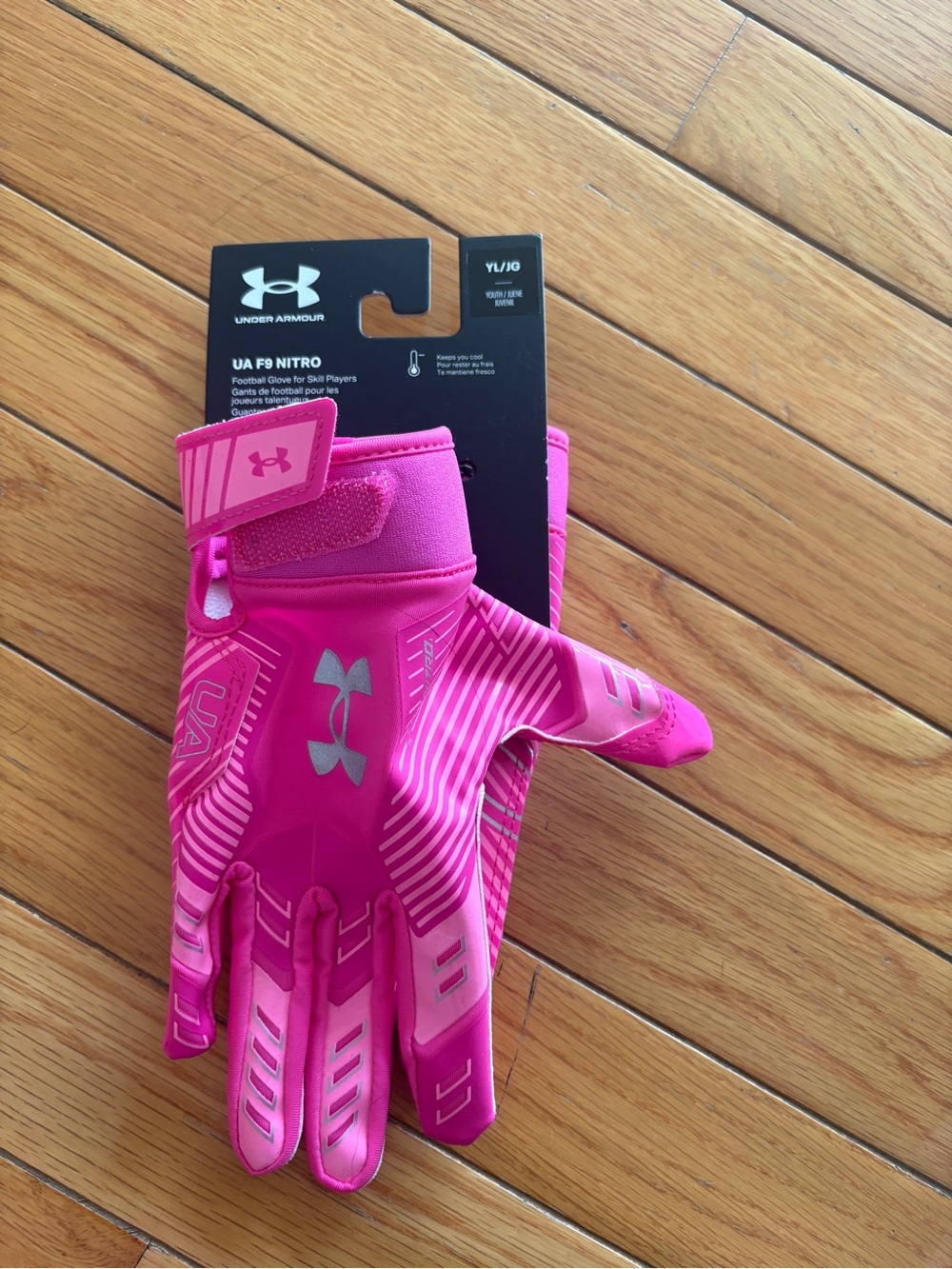 Under Armour Pink UA F9 Nitro Football Glove - Youth Large